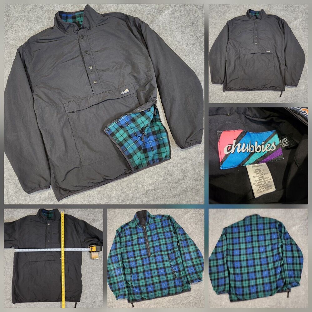 VTG Chubbies Mens L Large Black Windbreaker Plaid Fleece Hooded Snap Jacket